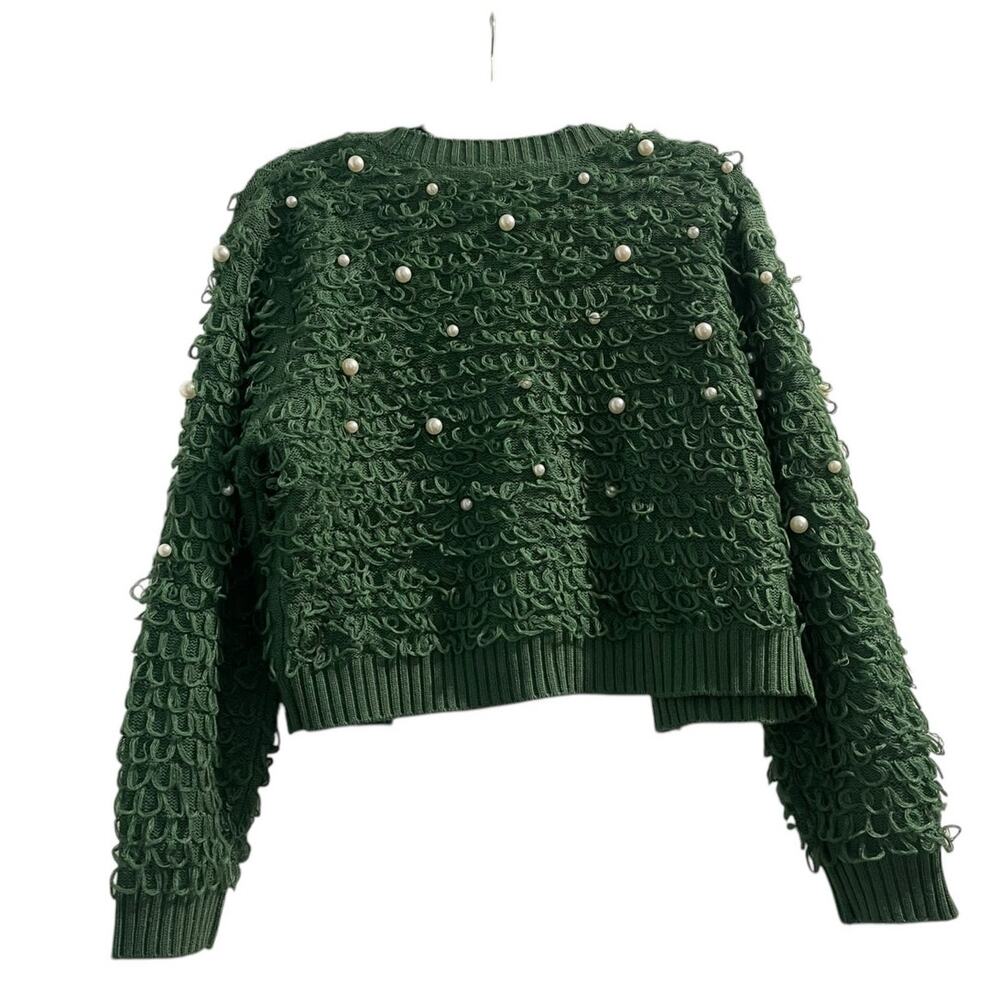 Mighty Fine Green Dress Cropped Cardigan Loop & Pearl Embellishments M-Holiday - Picture 5 of 11